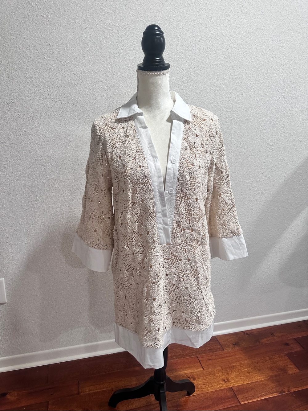 Beige Crochet Tunic Cover-Up with White Trim